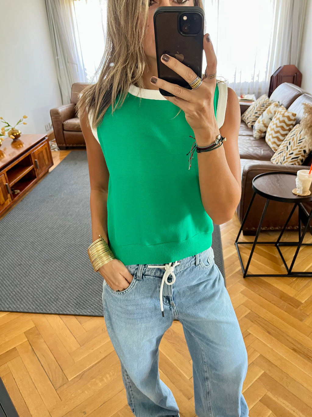 Green Colorblock Neck Knit