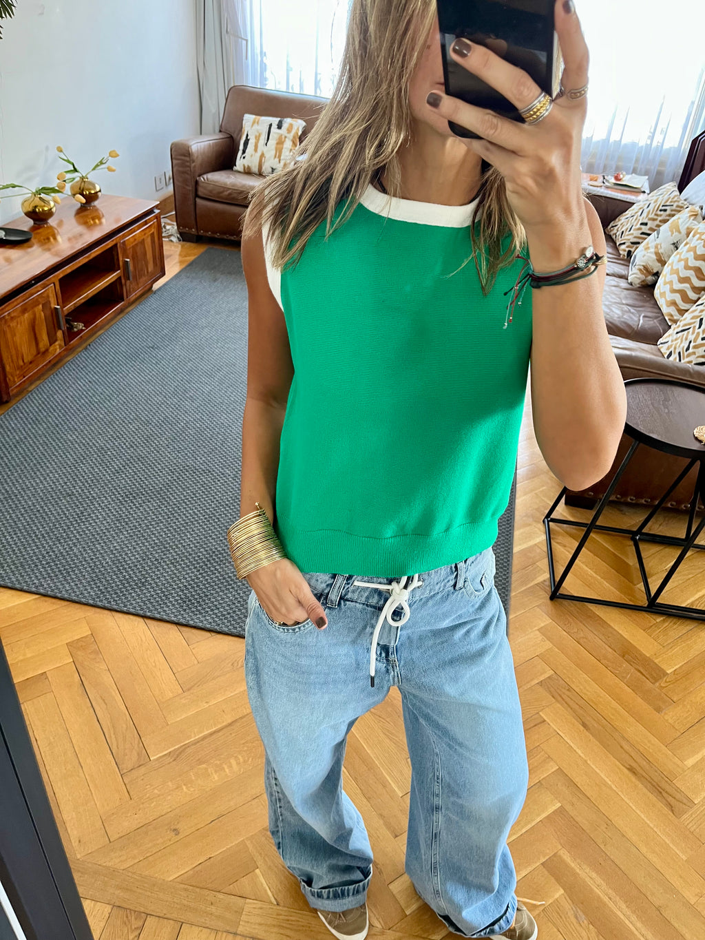 Green Colorblock Neck Knit