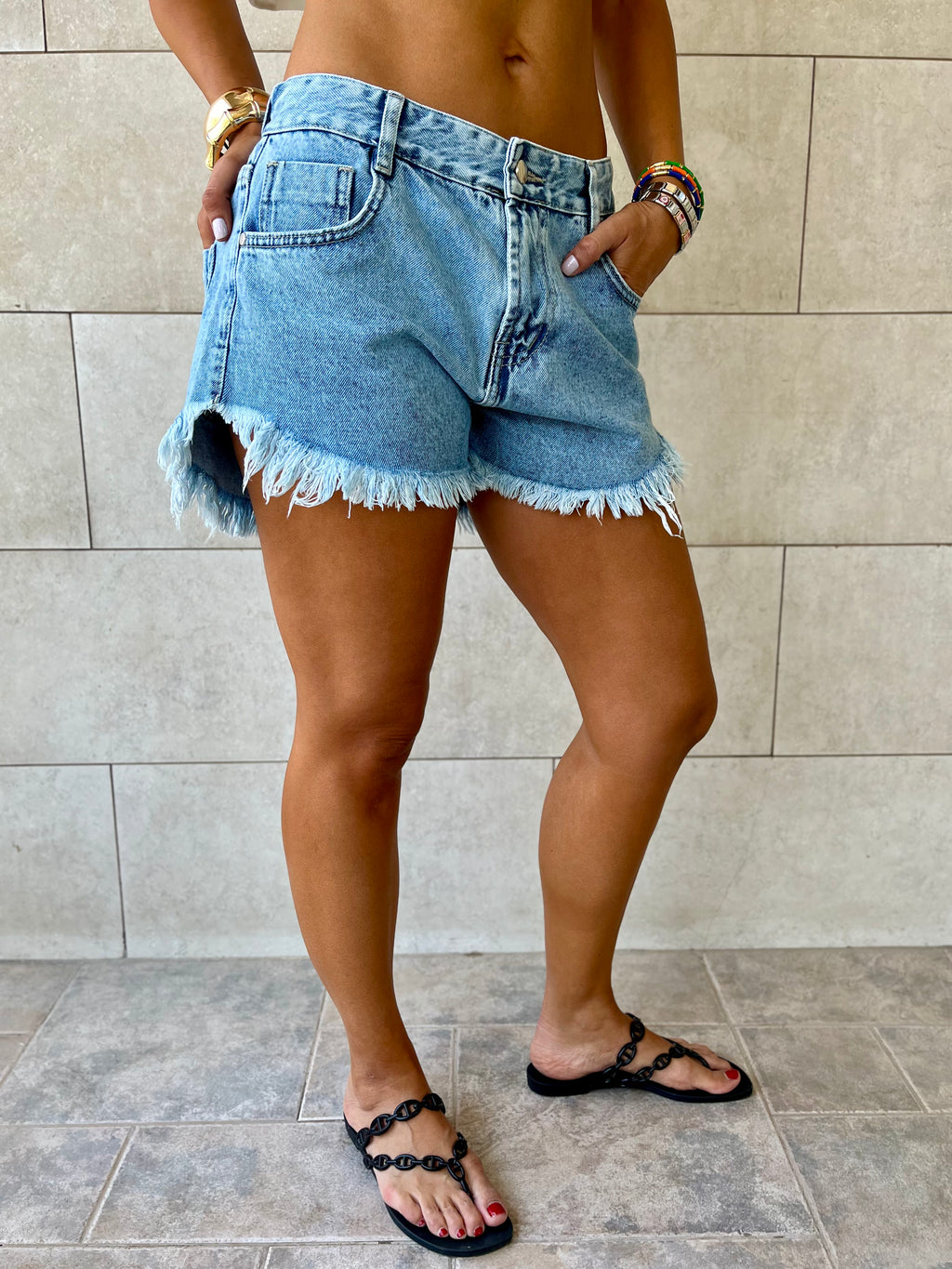 Blue Frayed Denim Shorts