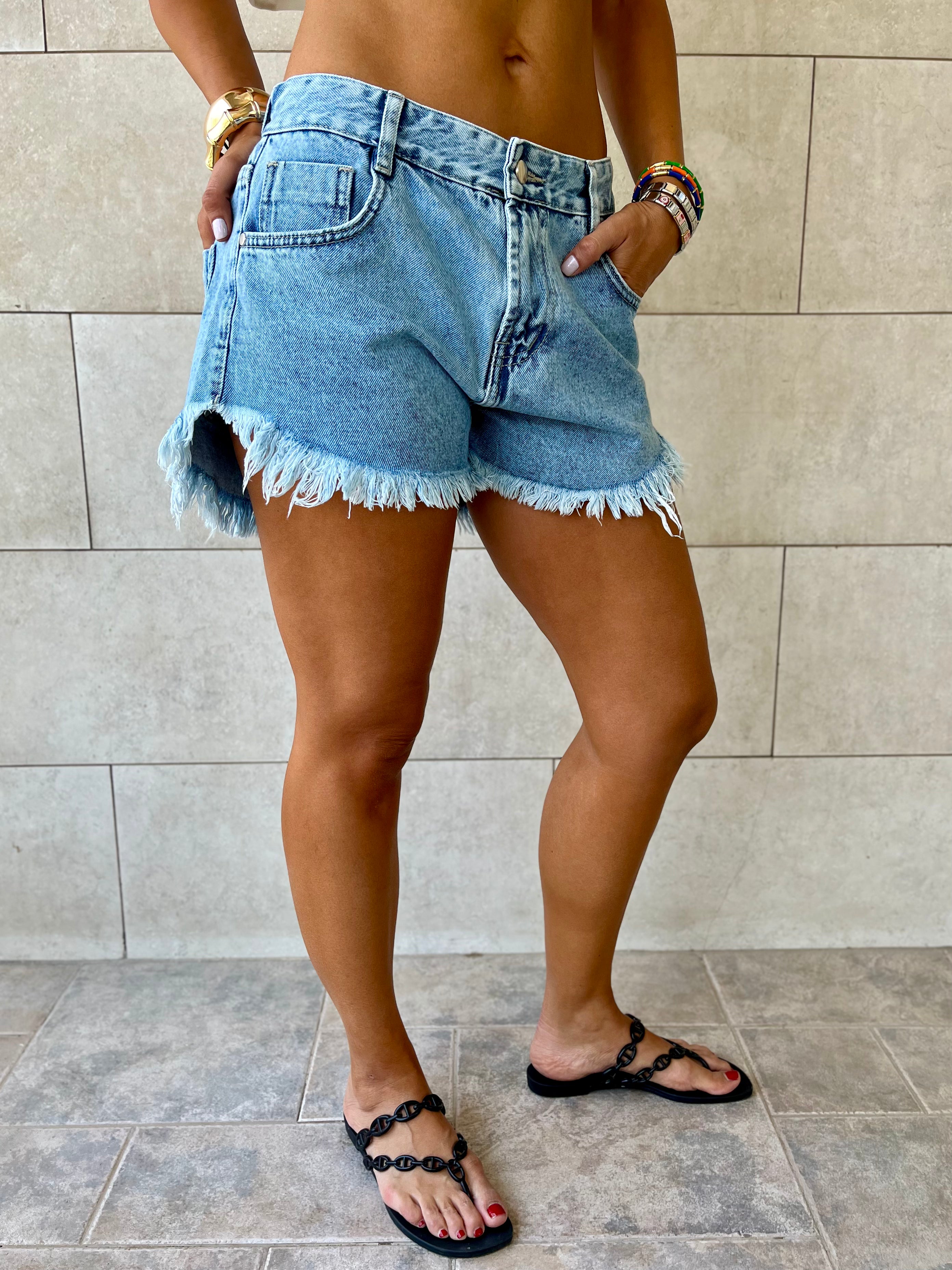 Blue Frayed Denim Shorts