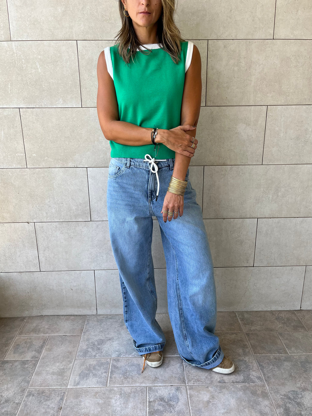 Green Colorblock Neck Knit