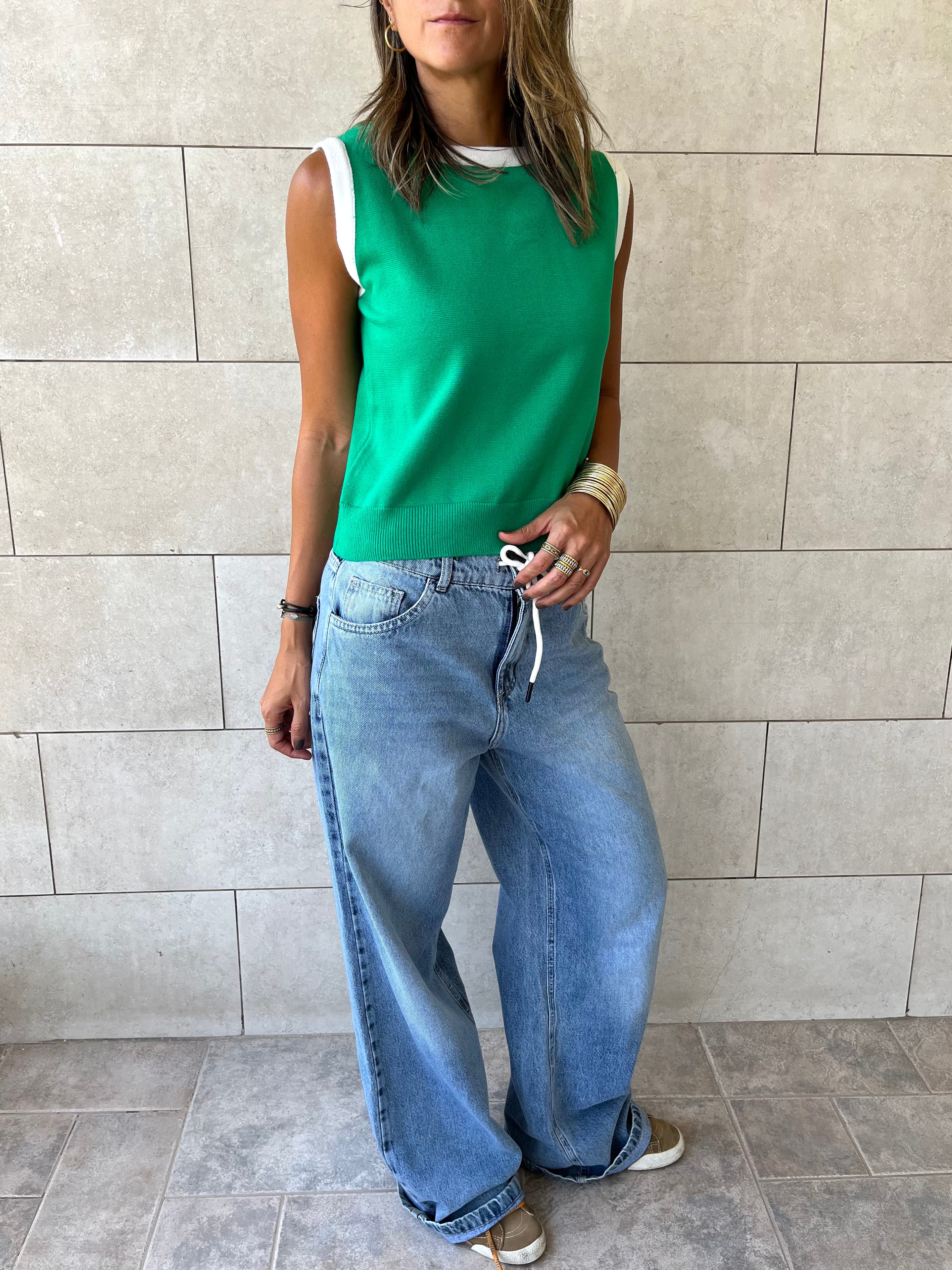 Green Colorblock Neck Knit