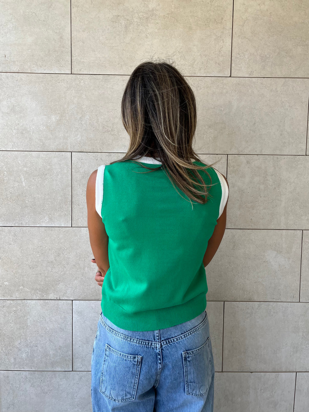 Green Colorblock Neck Knit