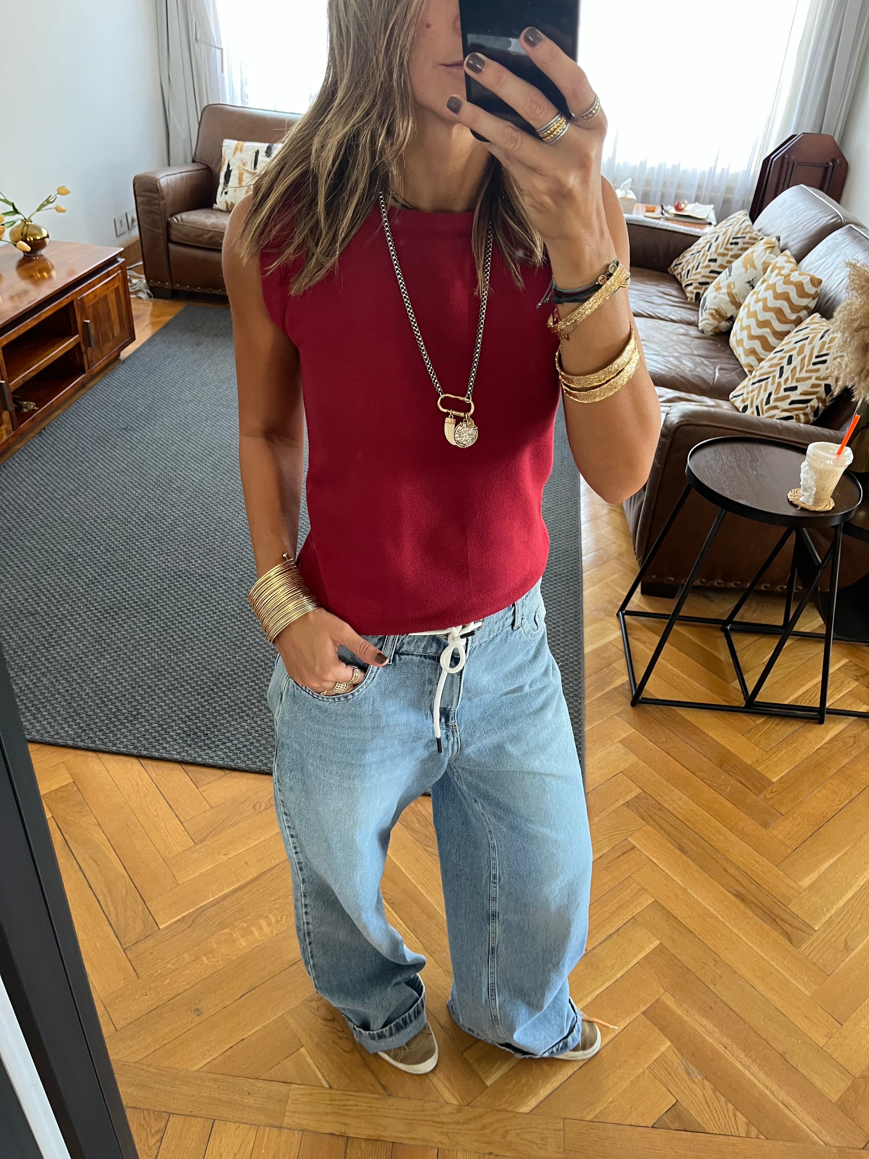 Burgundy Sleeveless Crew Neck Knit Top