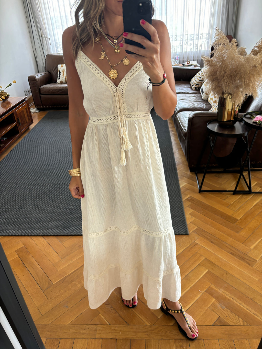 Beige Middle Detailed Sleeveless Dress
