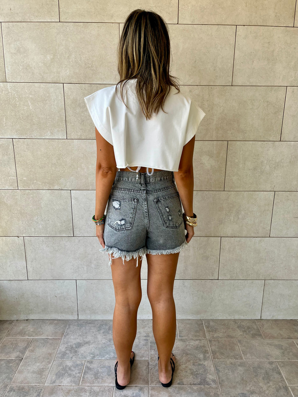Grey Ripped Denim Shorts