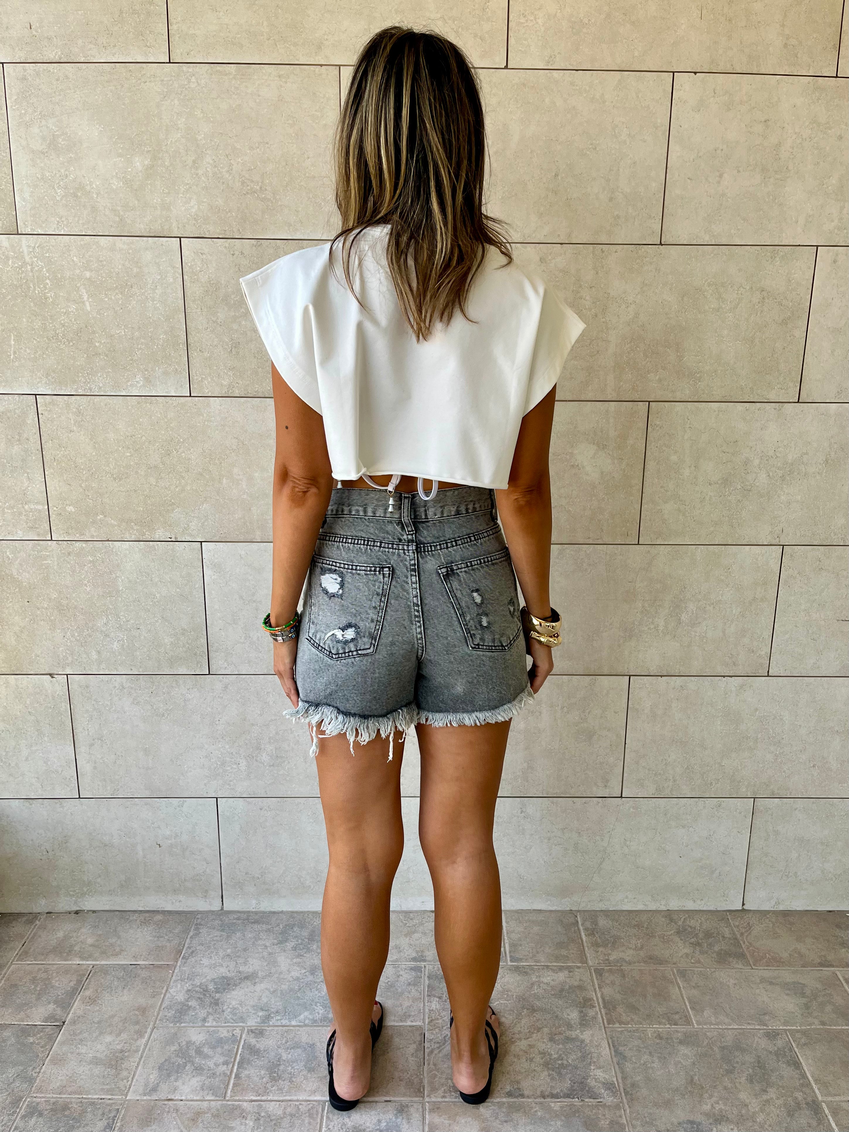 Grey Ripped Denim Shorts