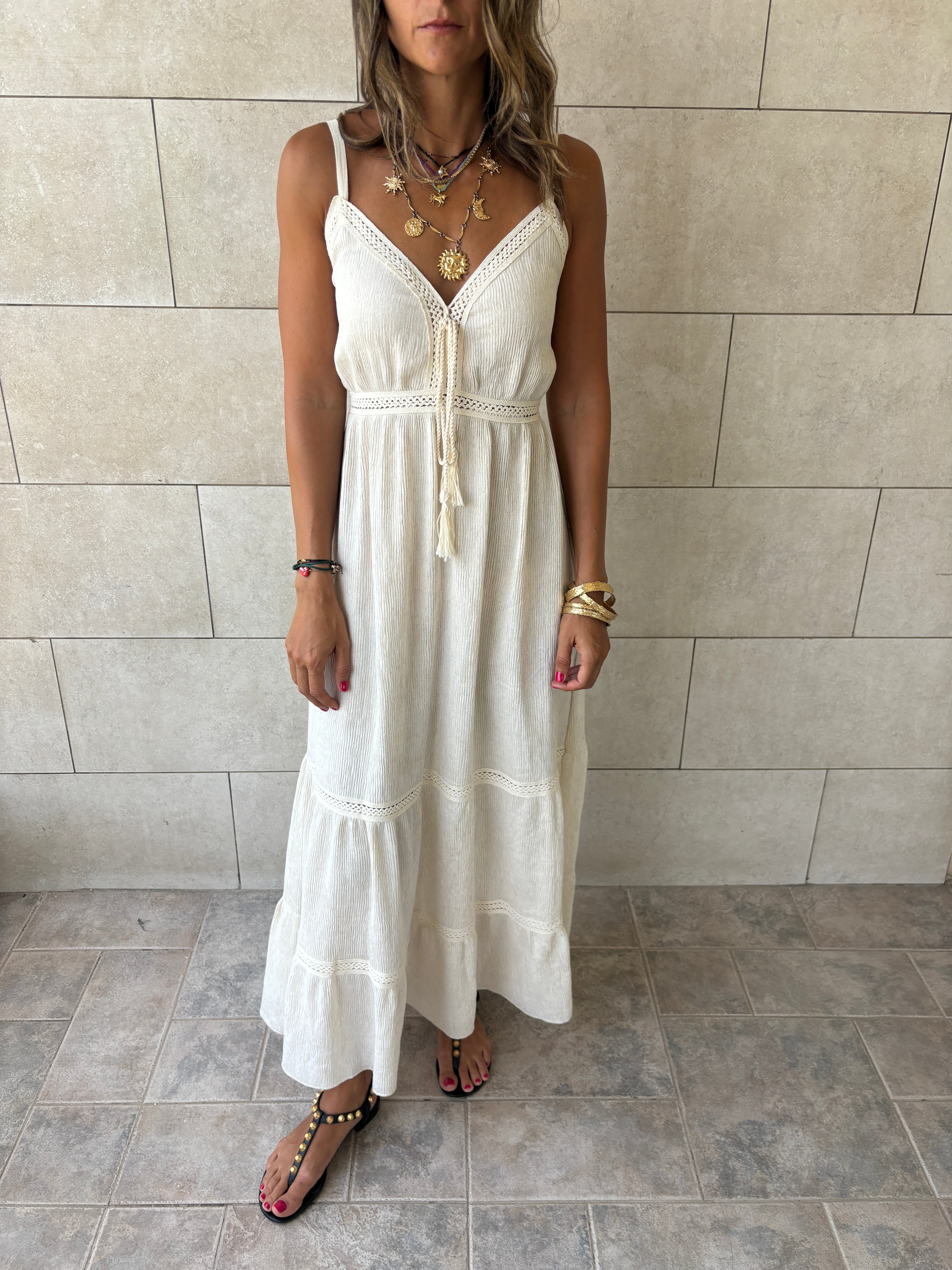 Beige Middle Detailed Sleeveless Dress
