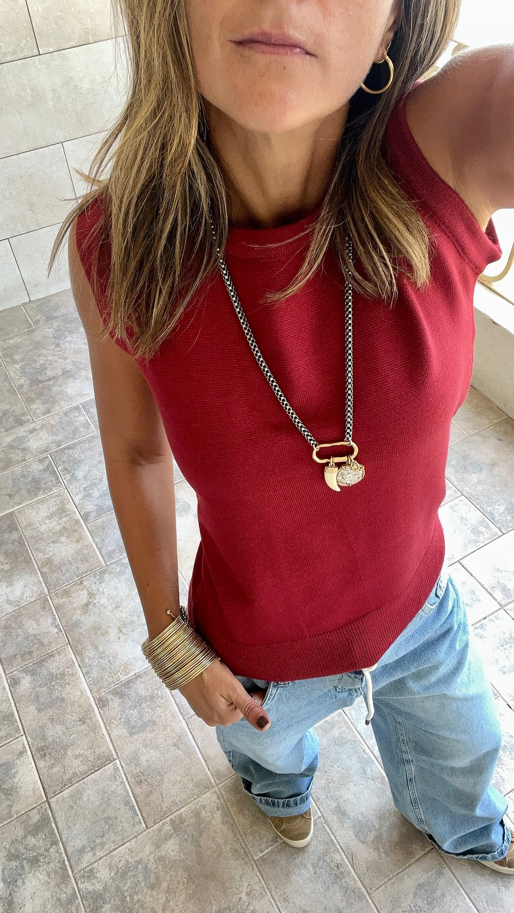 Burgundy Sleeveless Crew Neck Knit Top