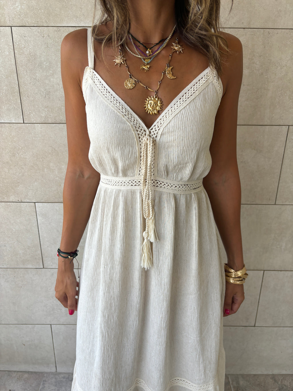 Beige Middle Detailed Sleeveless Dress