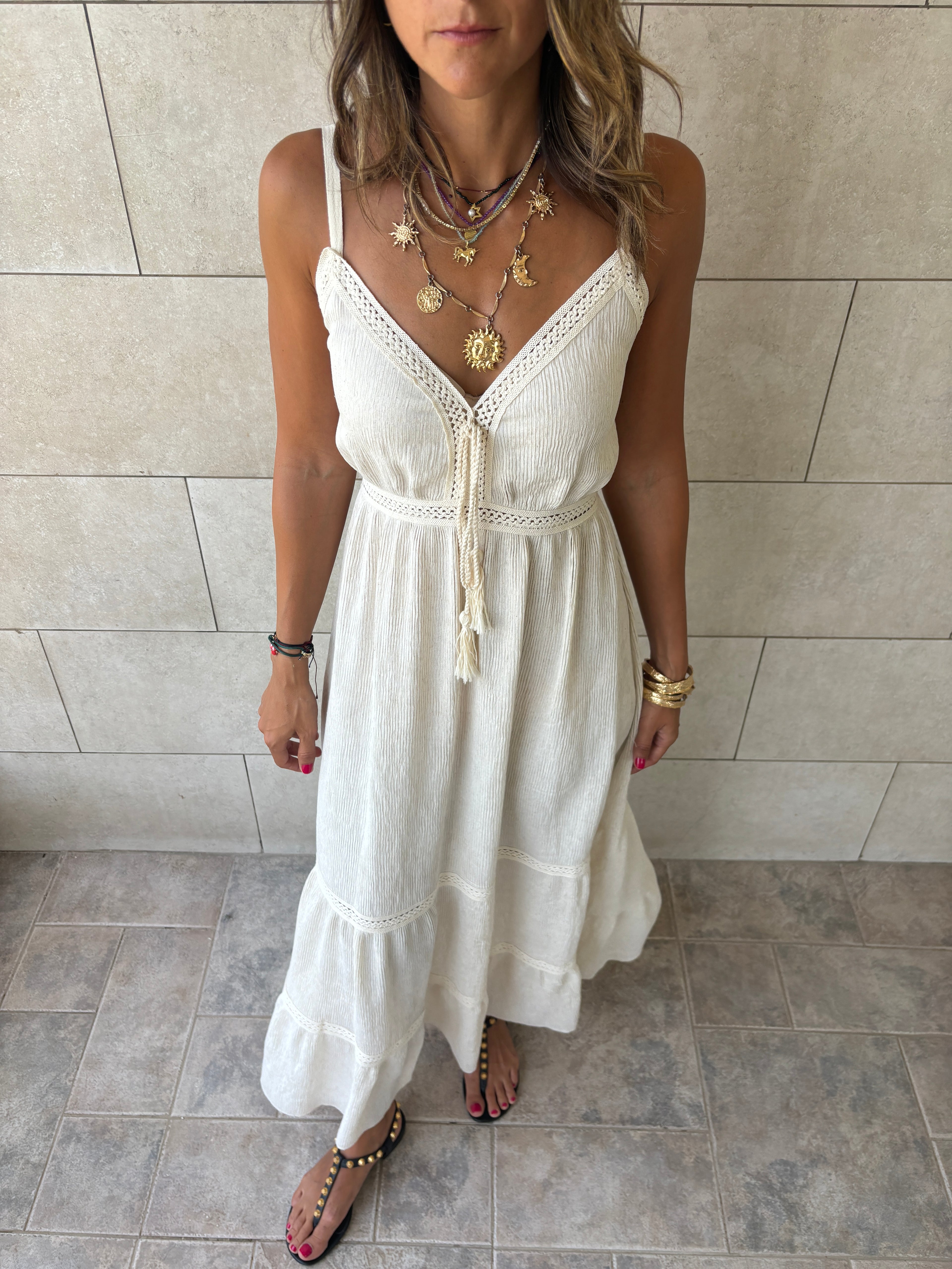 Beige Middle Detailed Sleeveless Dress
