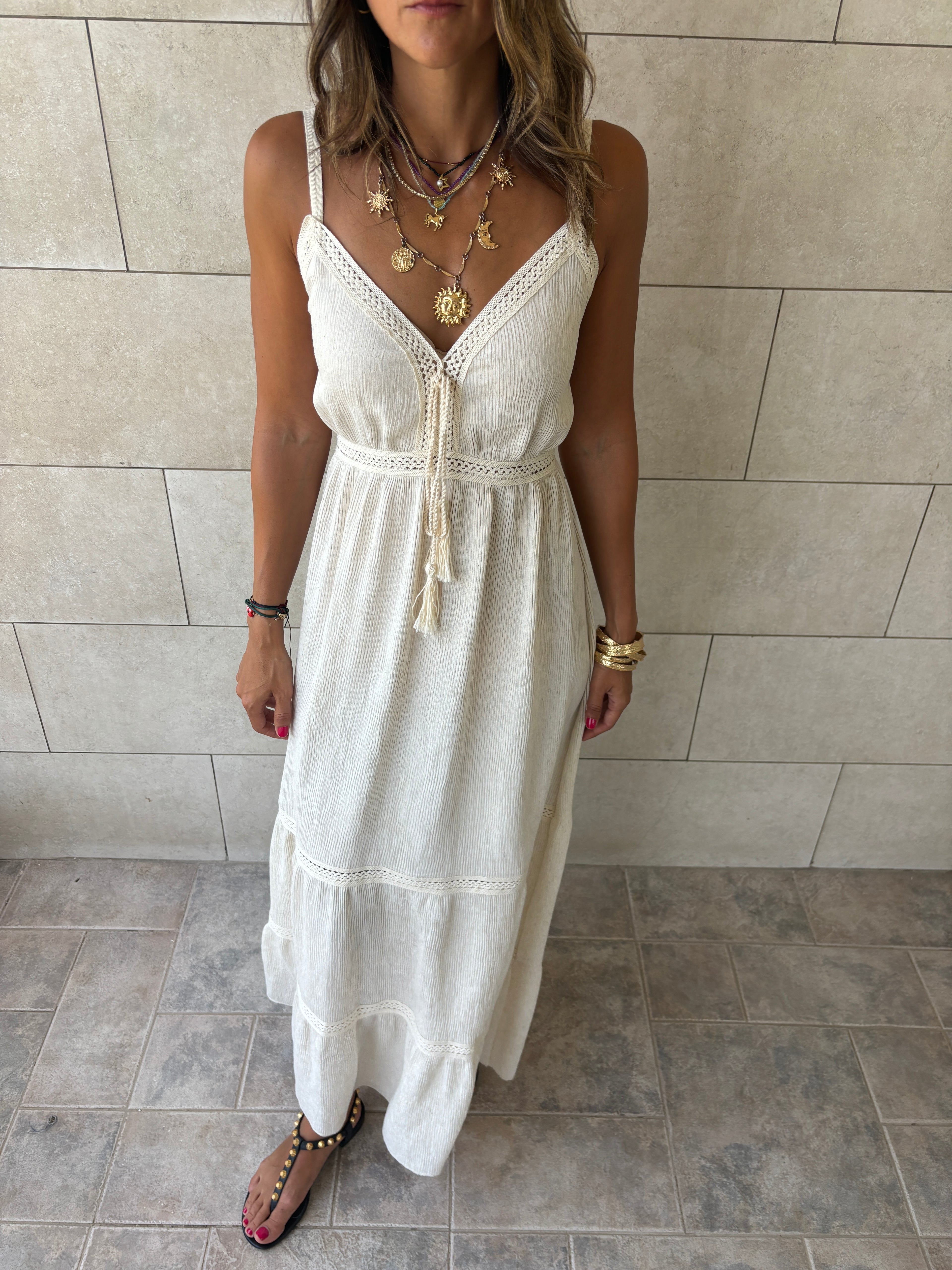 Beige Middle Detailed Sleeveless Dress