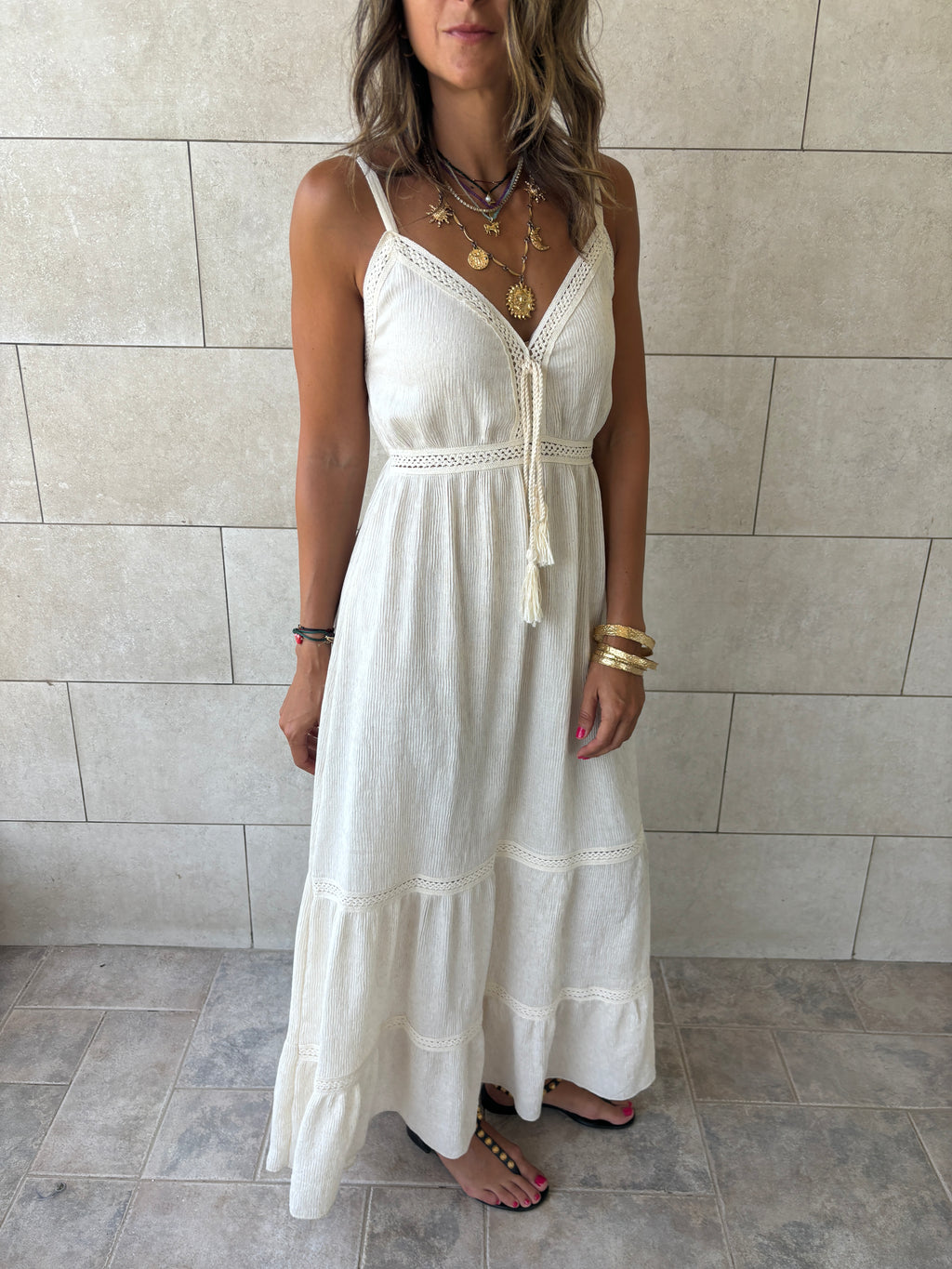 Beige Middle Detailed Sleeveless Dress