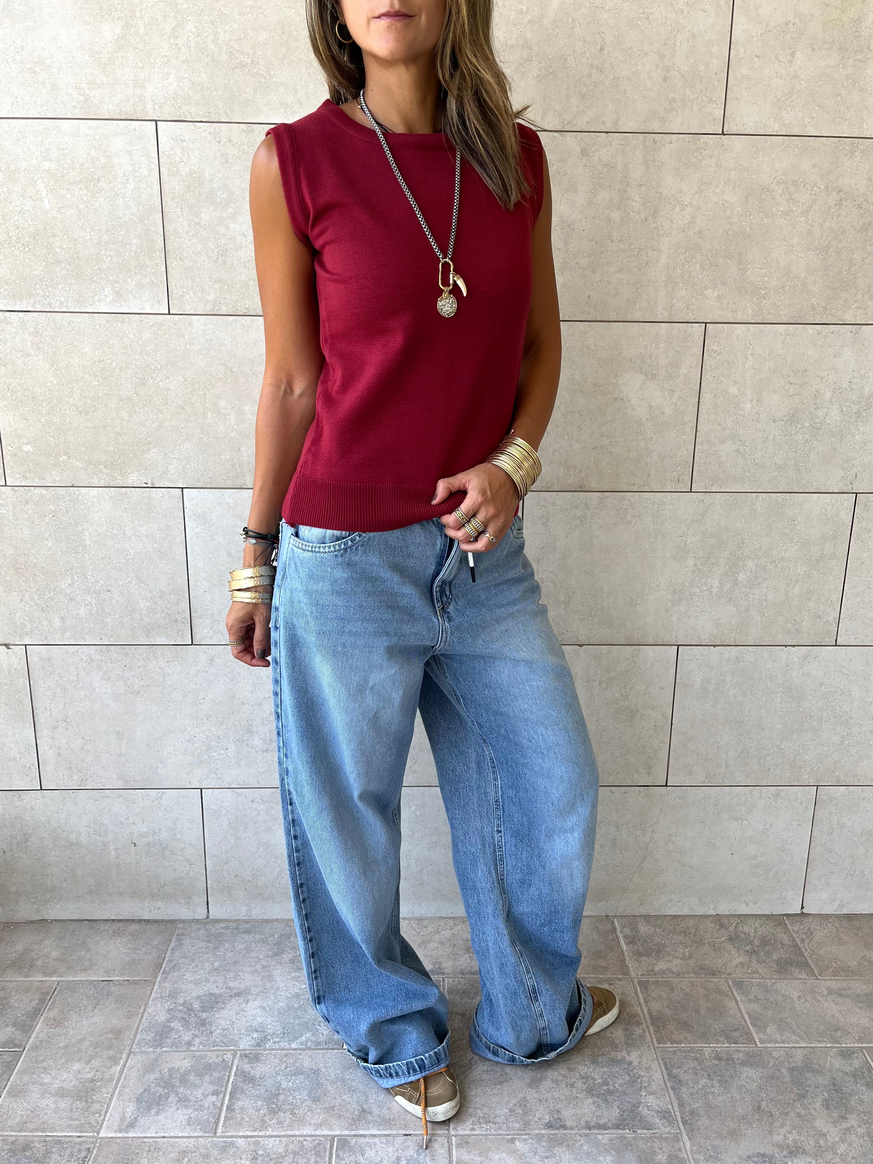 Burgundy Sleeveless Crew Neck Knit Top
