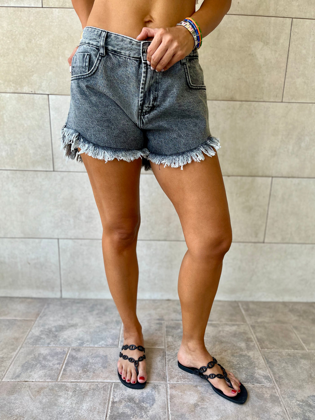 Grey Frayed Denim Shorts