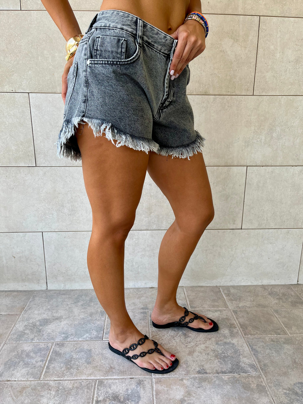 Grey Frayed Denim Shorts