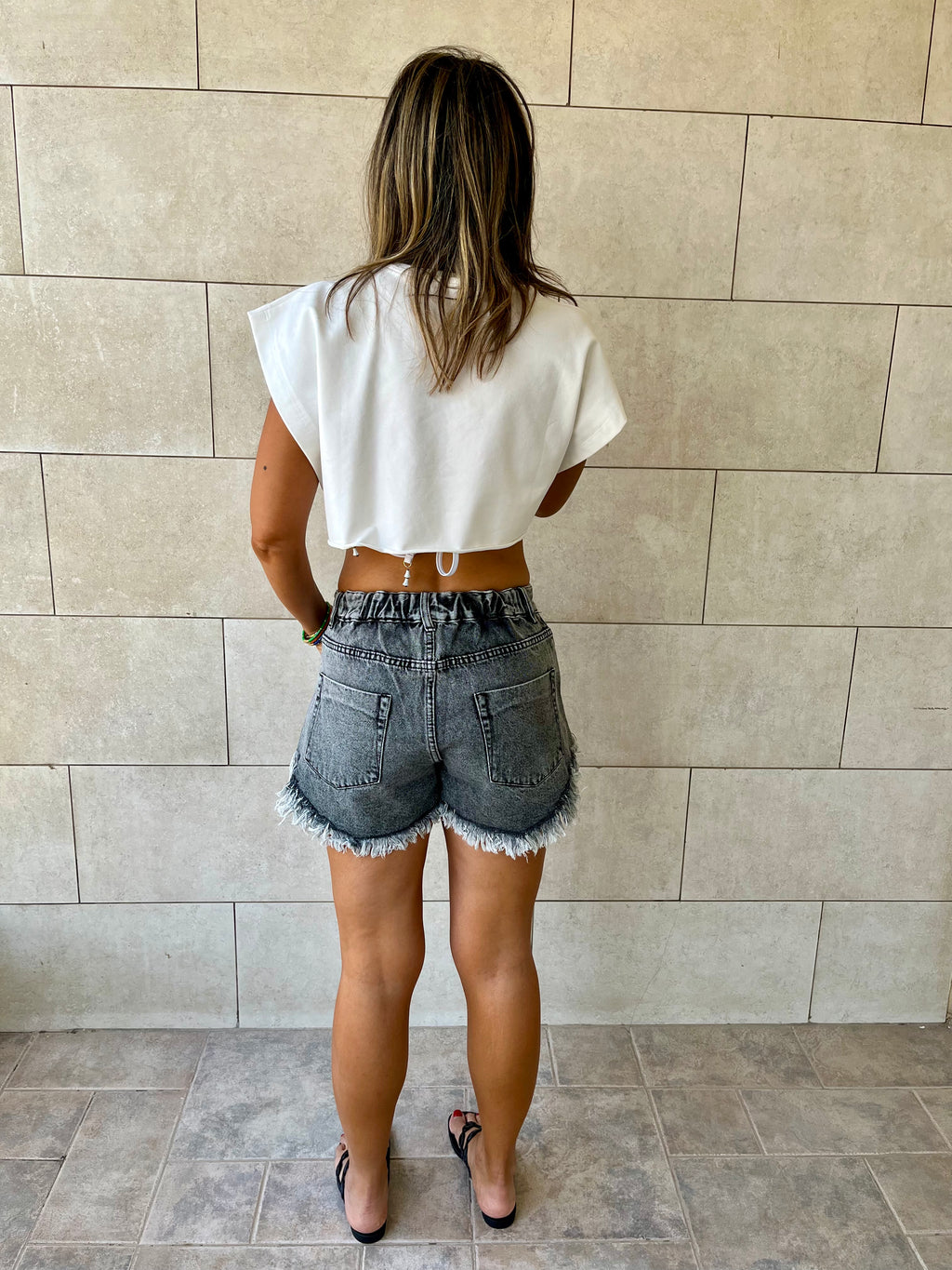 Grey Frayed Denim Shorts