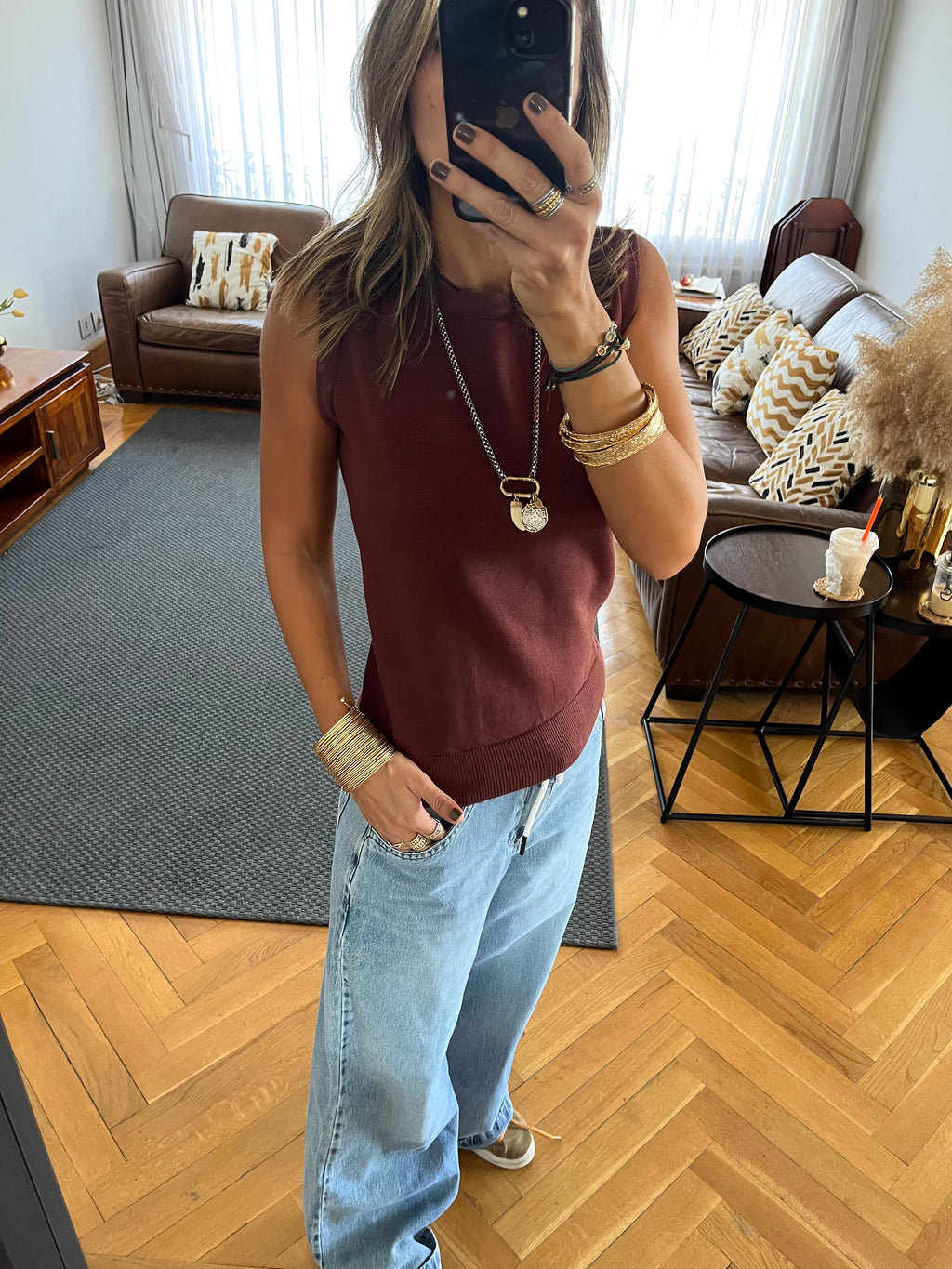 Brown Sleeveless Crew Neck Knit Top