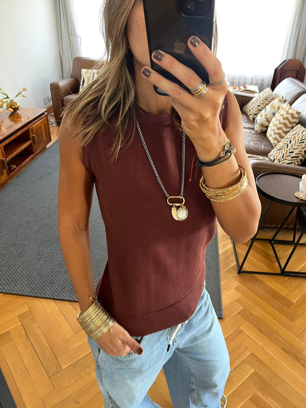 Brown Sleeveless Crew Neck Knit Top