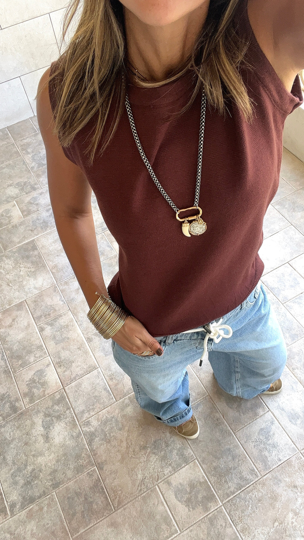 Brown Sleeveless Crew Neck Knit Top