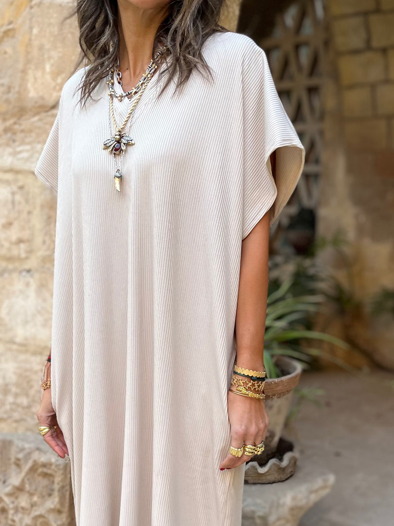 Beige Ribbed Flowy Dress