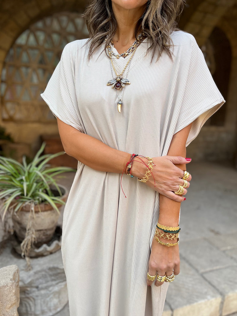 Beige Ribbed Flowy Dress