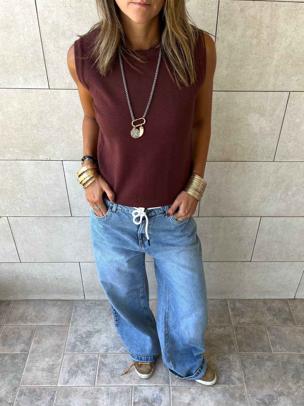 Brown Sleeveless Crew Neck Knit Top