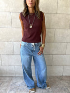 Brown Sleeveless Crew Neck Knit Top