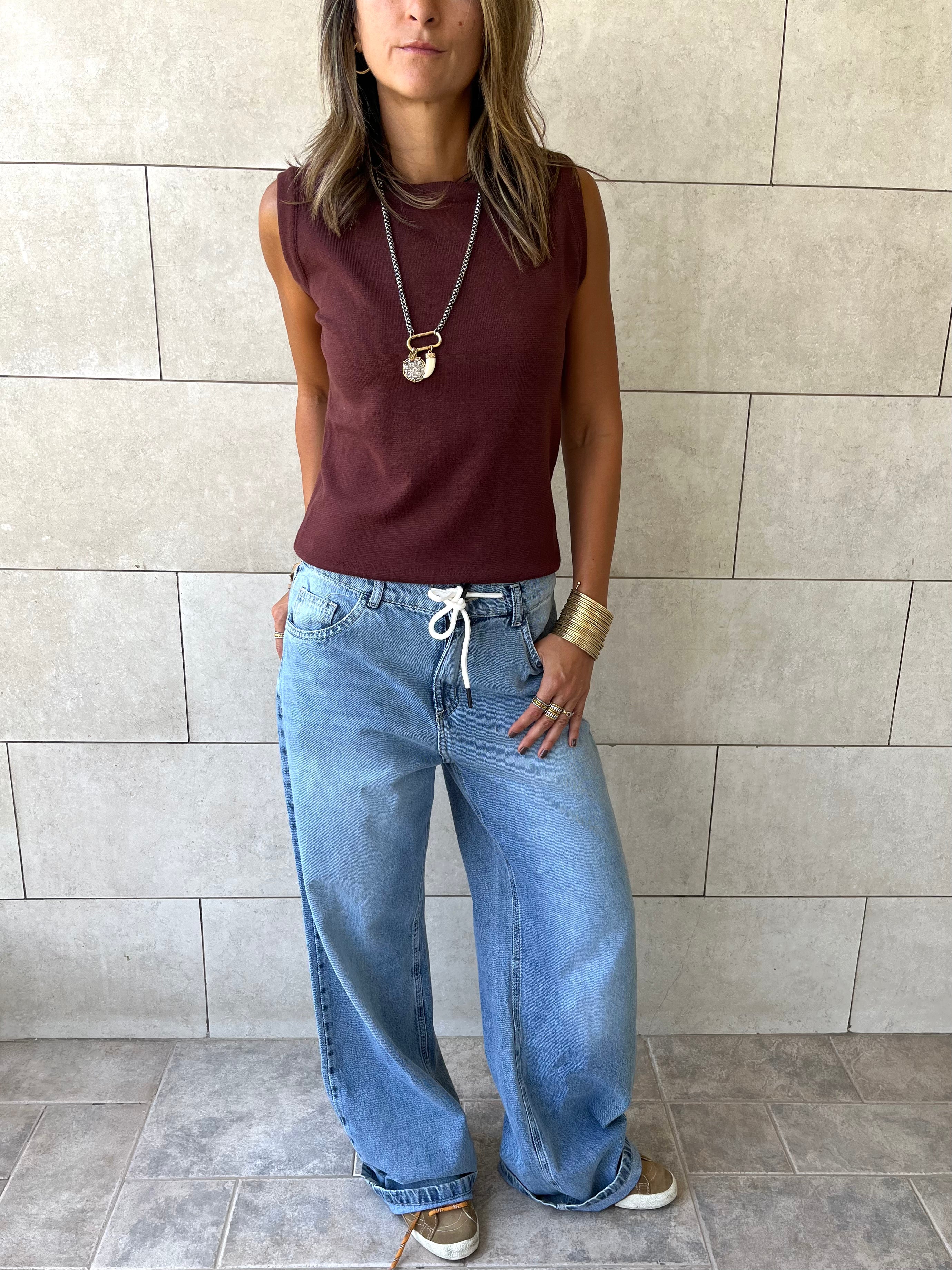 Brown Sleeveless Crew Neck Knit Top