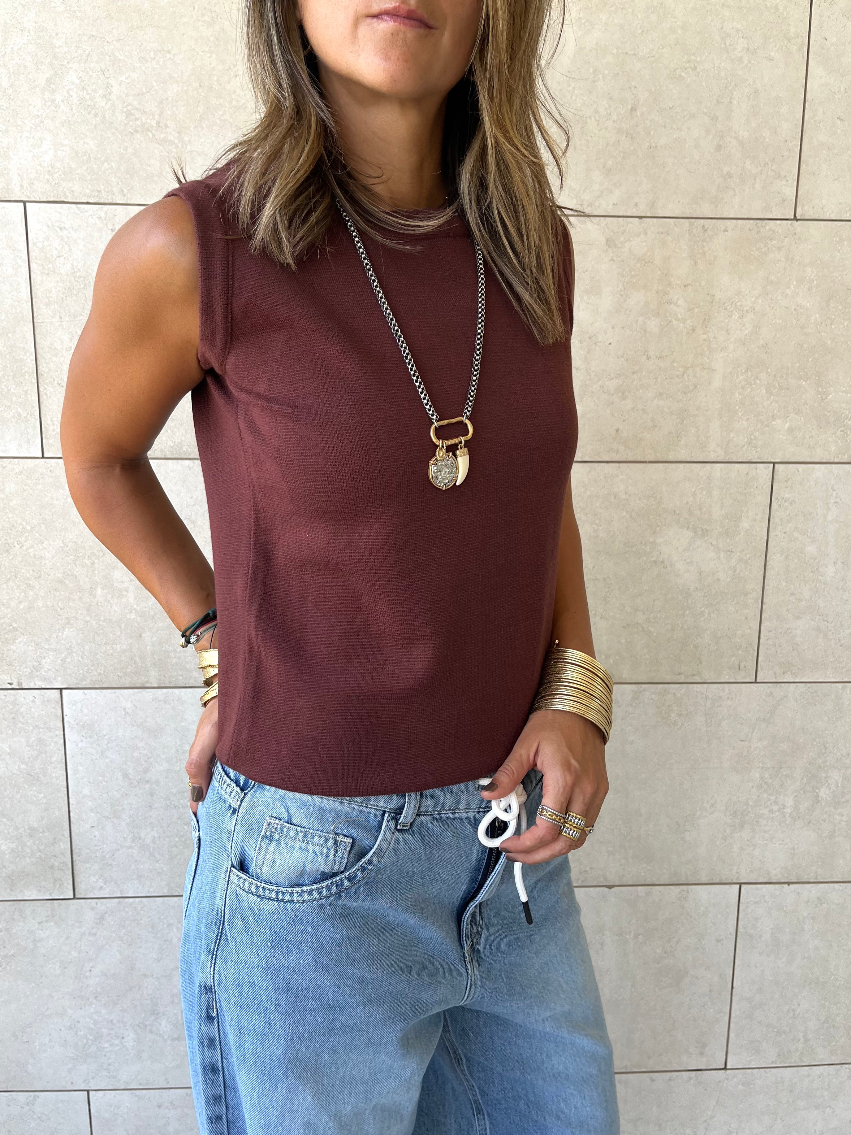 Brown Sleeveless Crew Neck Knit Top