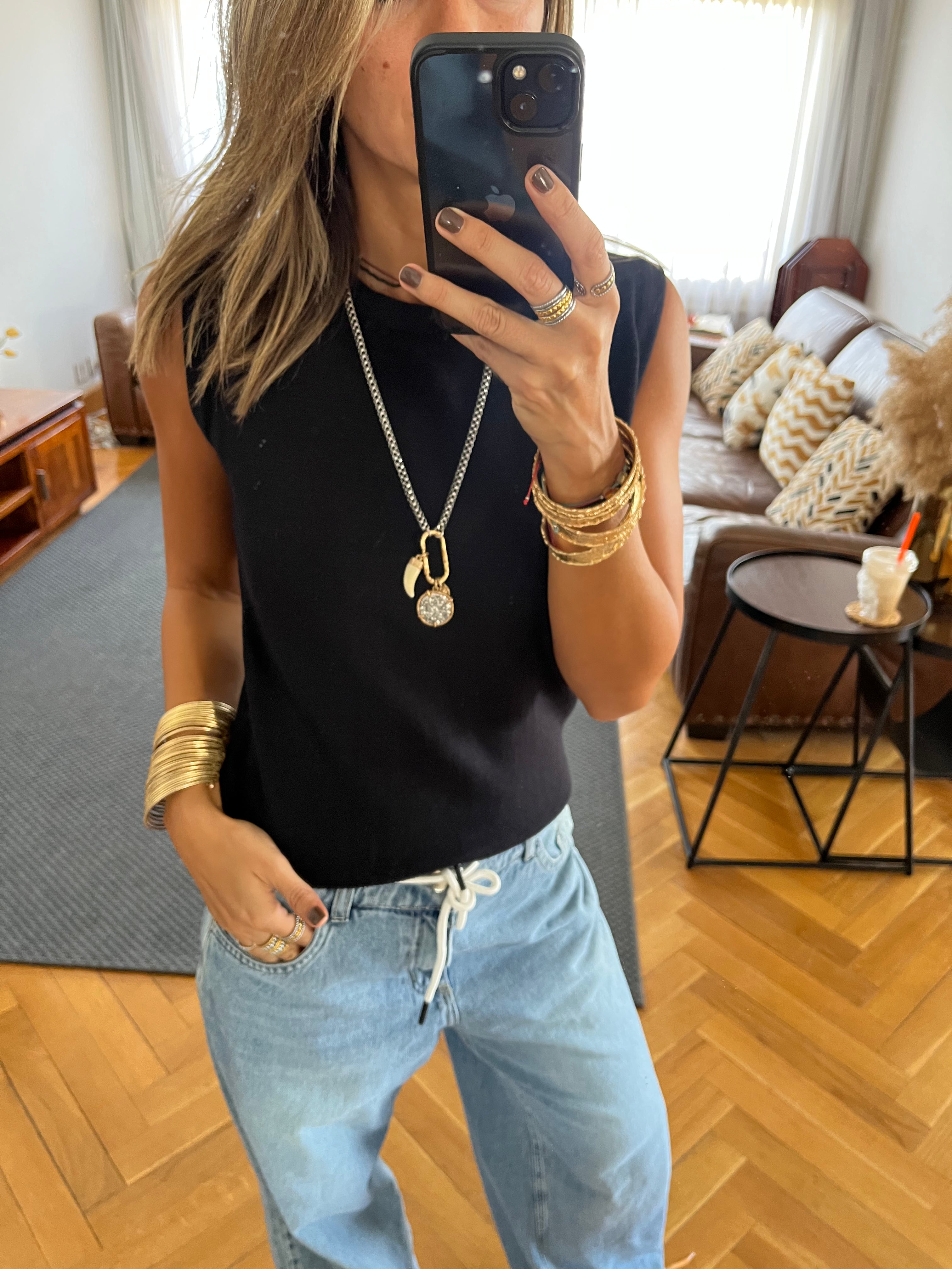 Black Sleeveless Crew Neck Knit Top