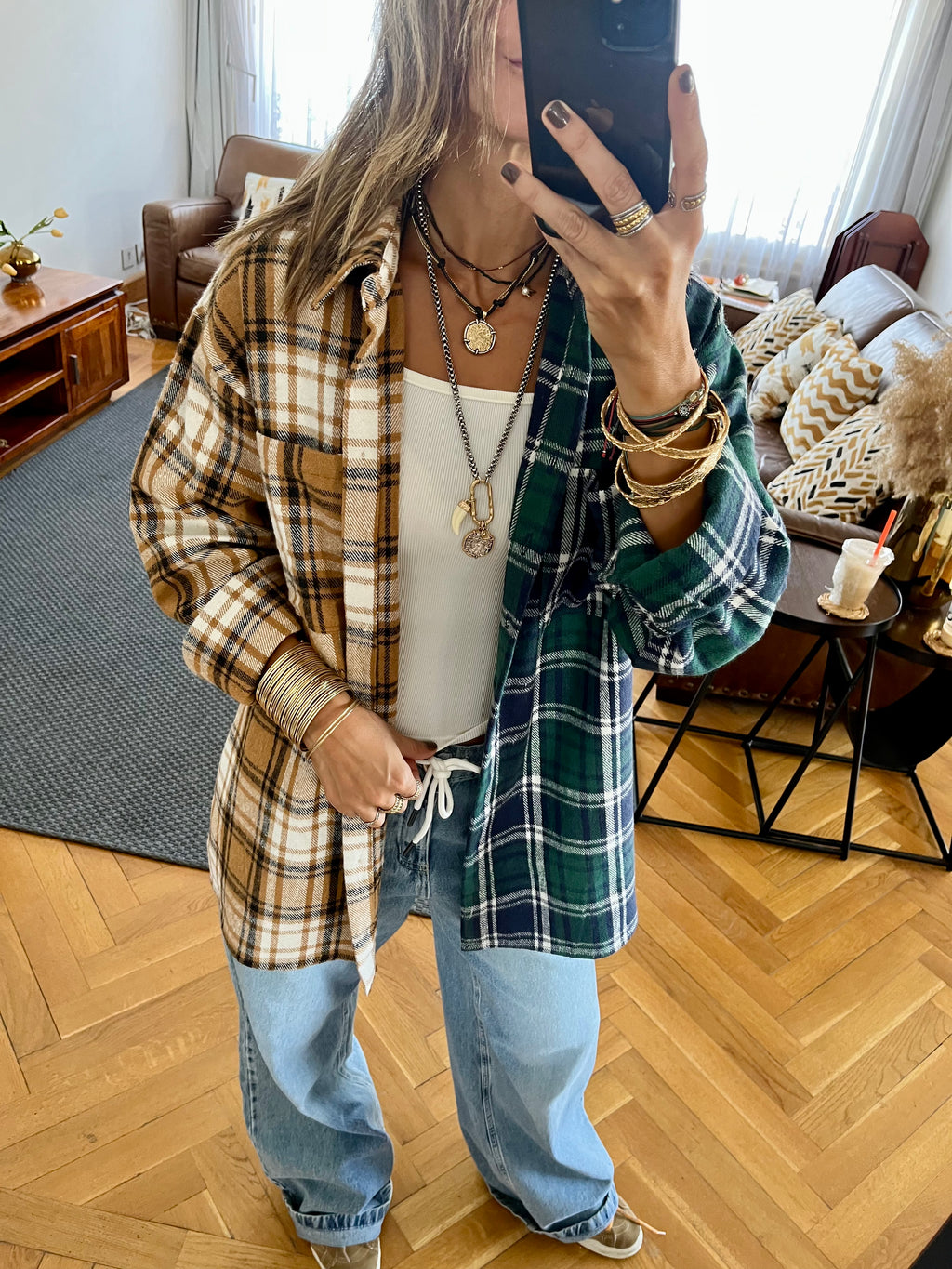 Teal & Camel Half And Half Plaid Shirt