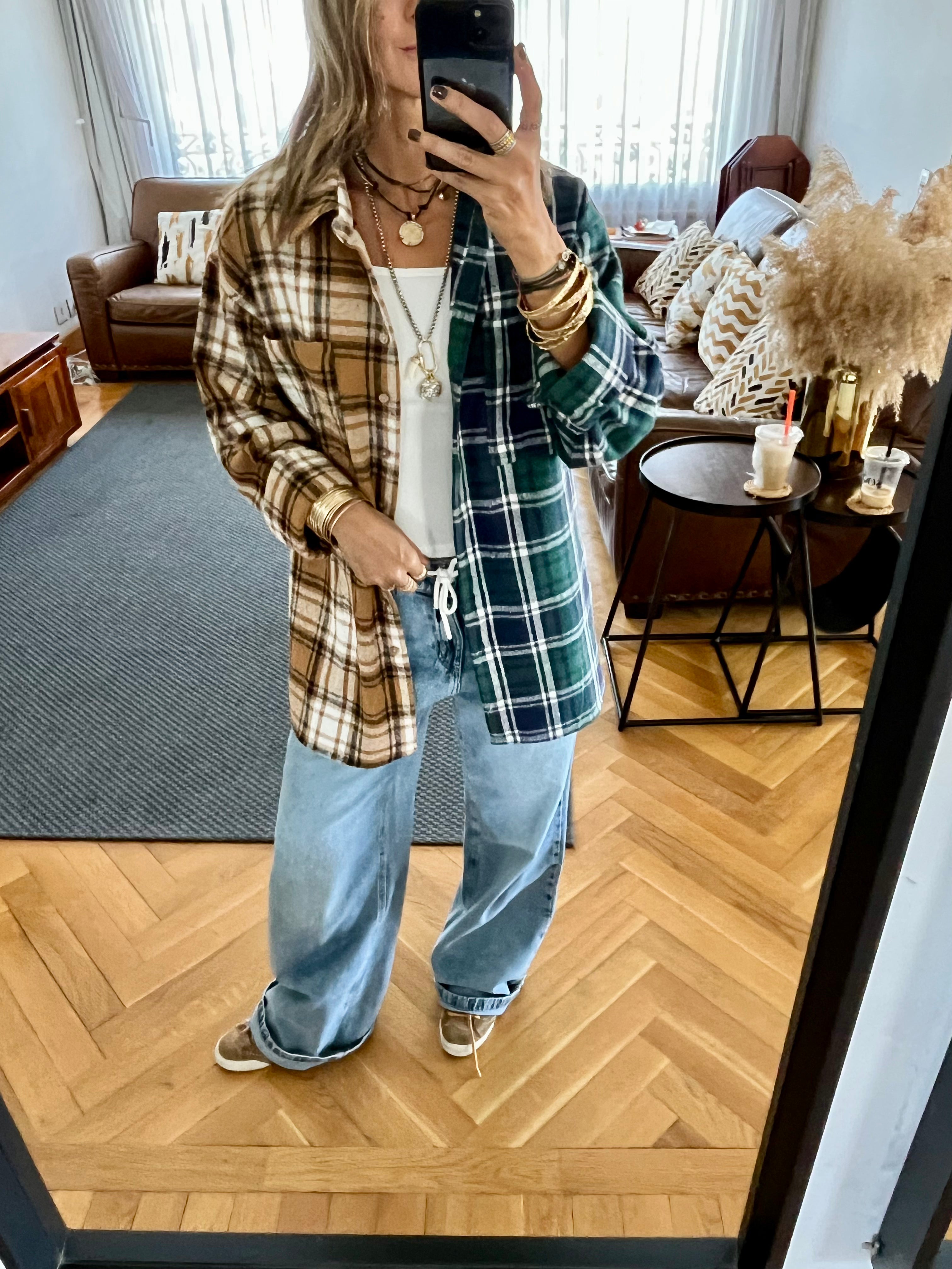 Teal & Camel Half And Half Plaid Shirt