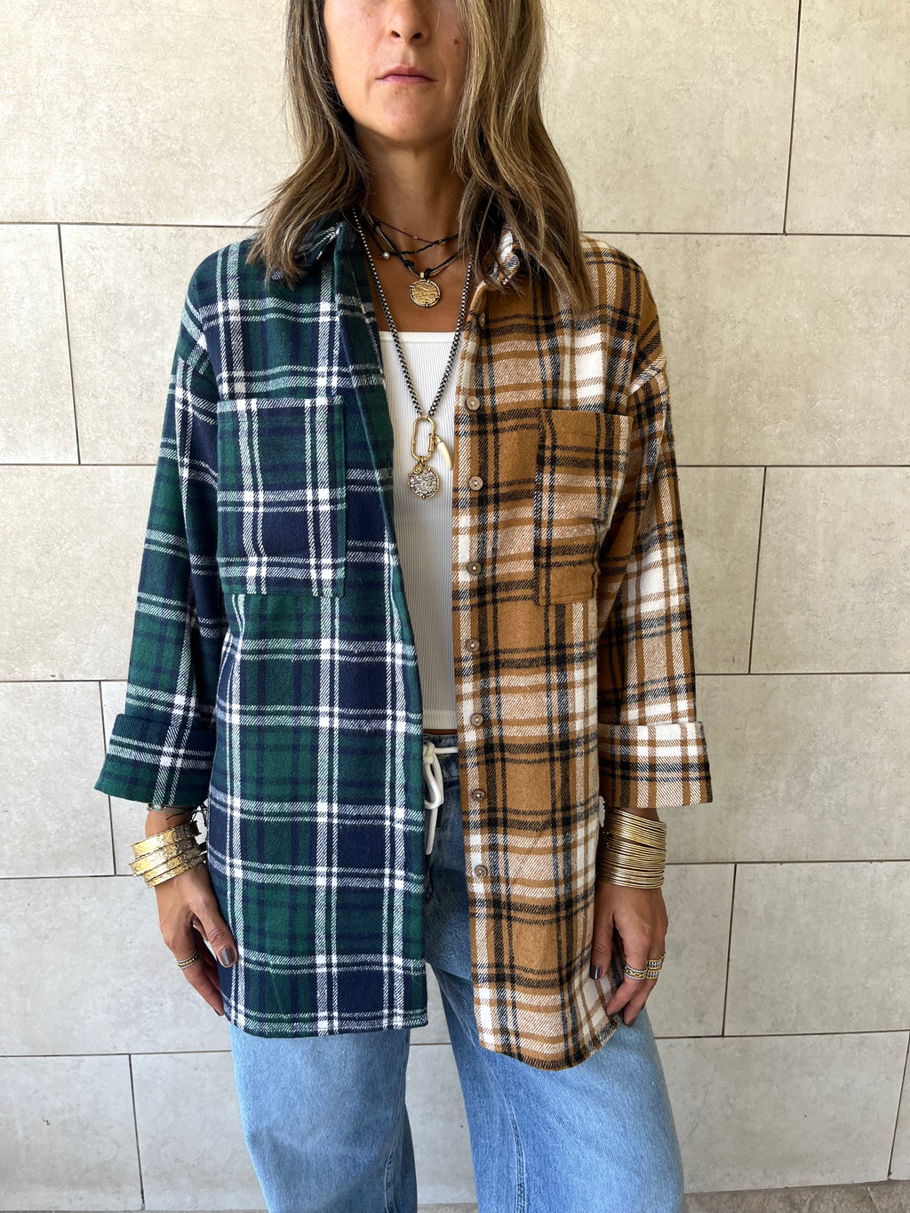 Teal & Camel Half And Half Plaid Shirt
