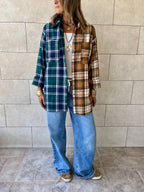 Teal & Camel Half And Half Plaid Shirt