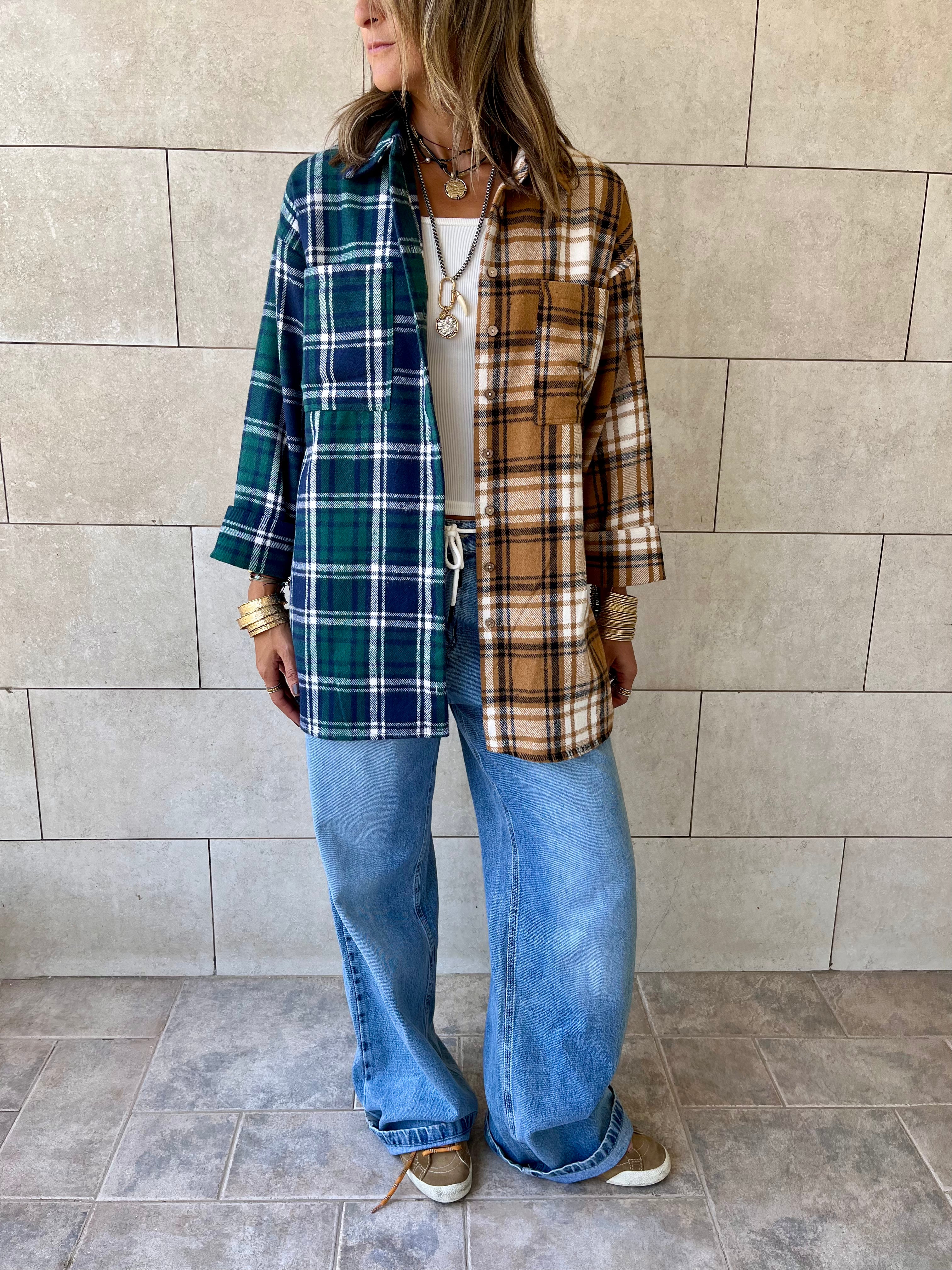 Teal & Camel Half And Half Plaid Shirt