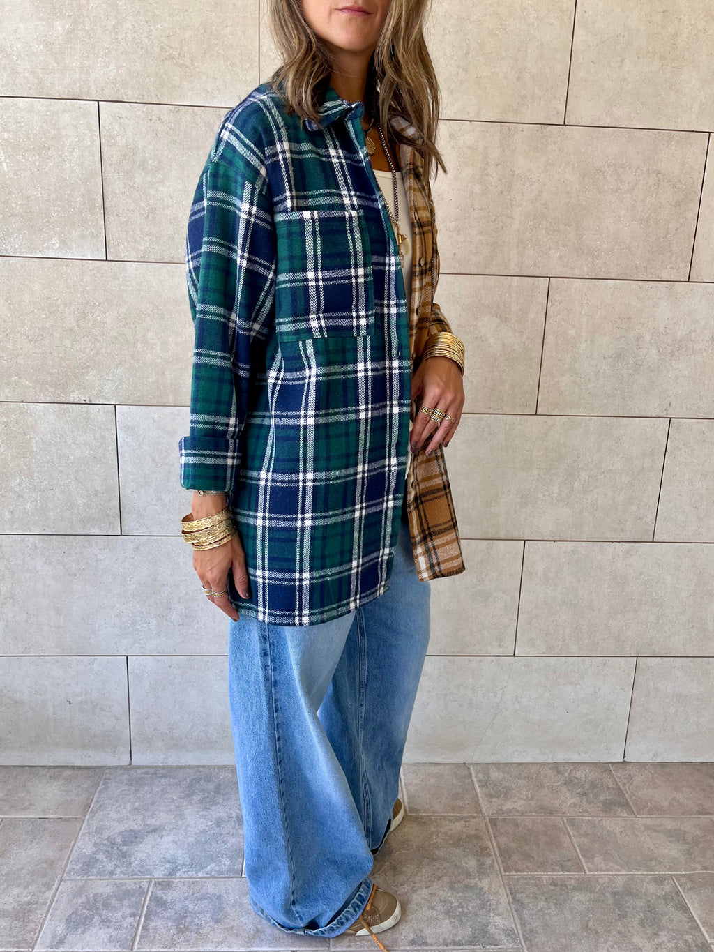 Teal & Camel Half And Half Plaid Shirt