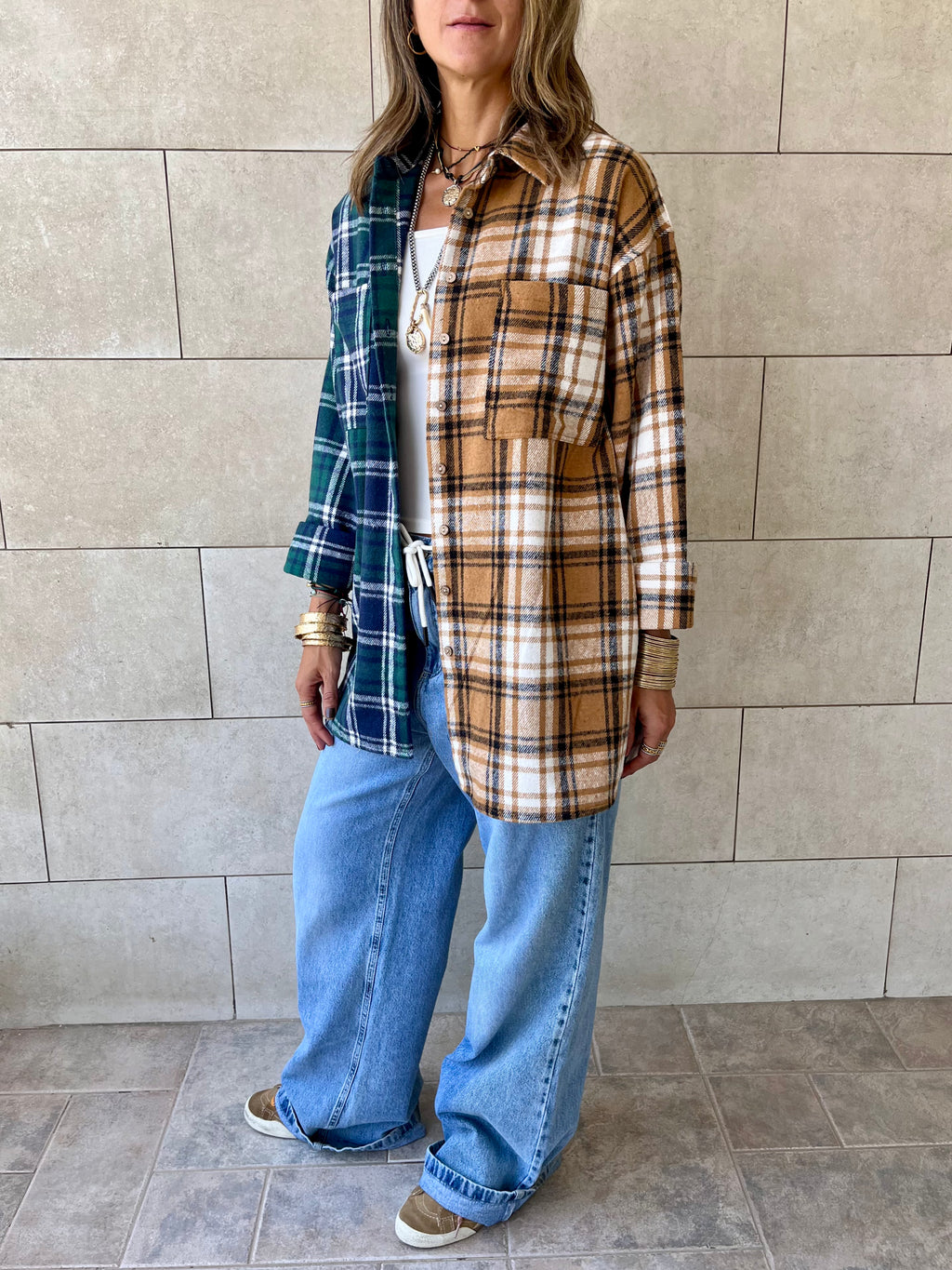 Teal & Camel Half And Half Plaid Shirt