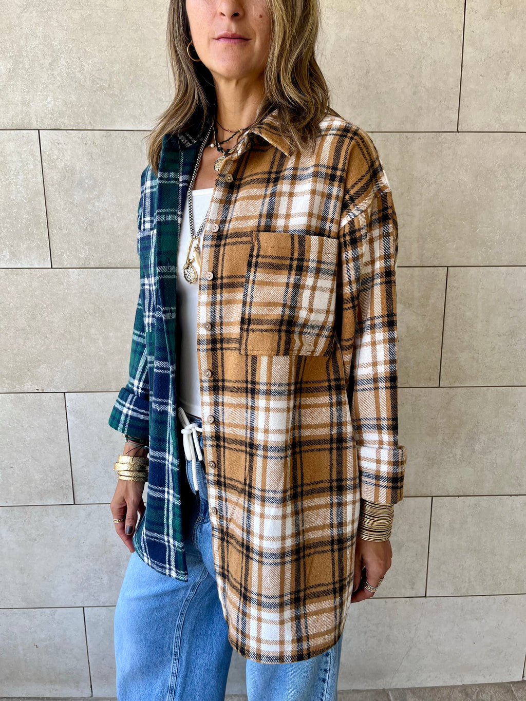Teal & Camel Half And Half Plaid Shirt