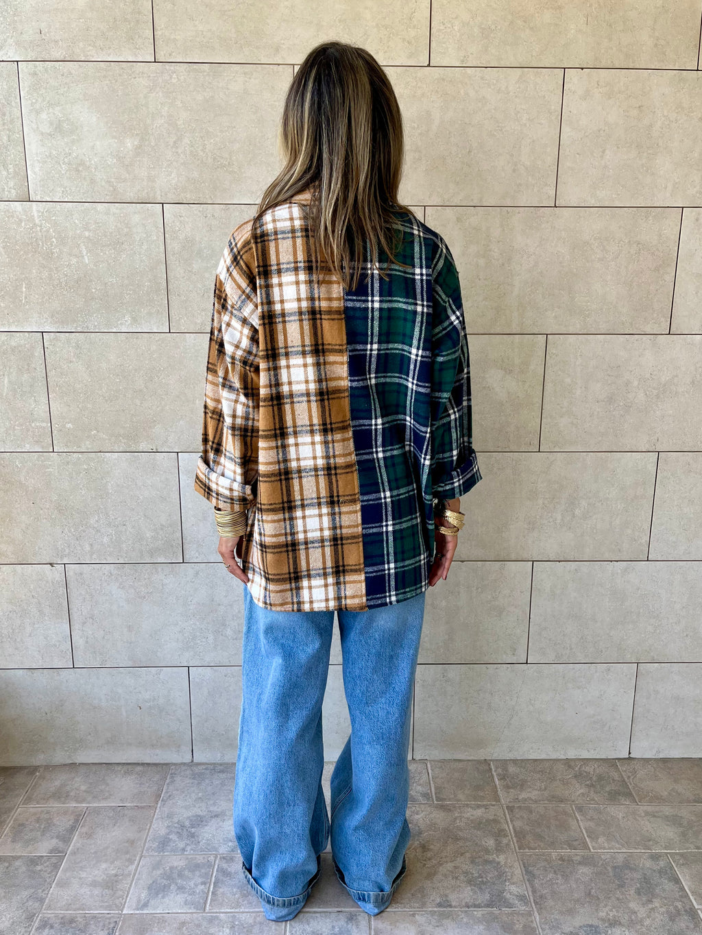 Teal & Camel Half And Half Plaid Shirt