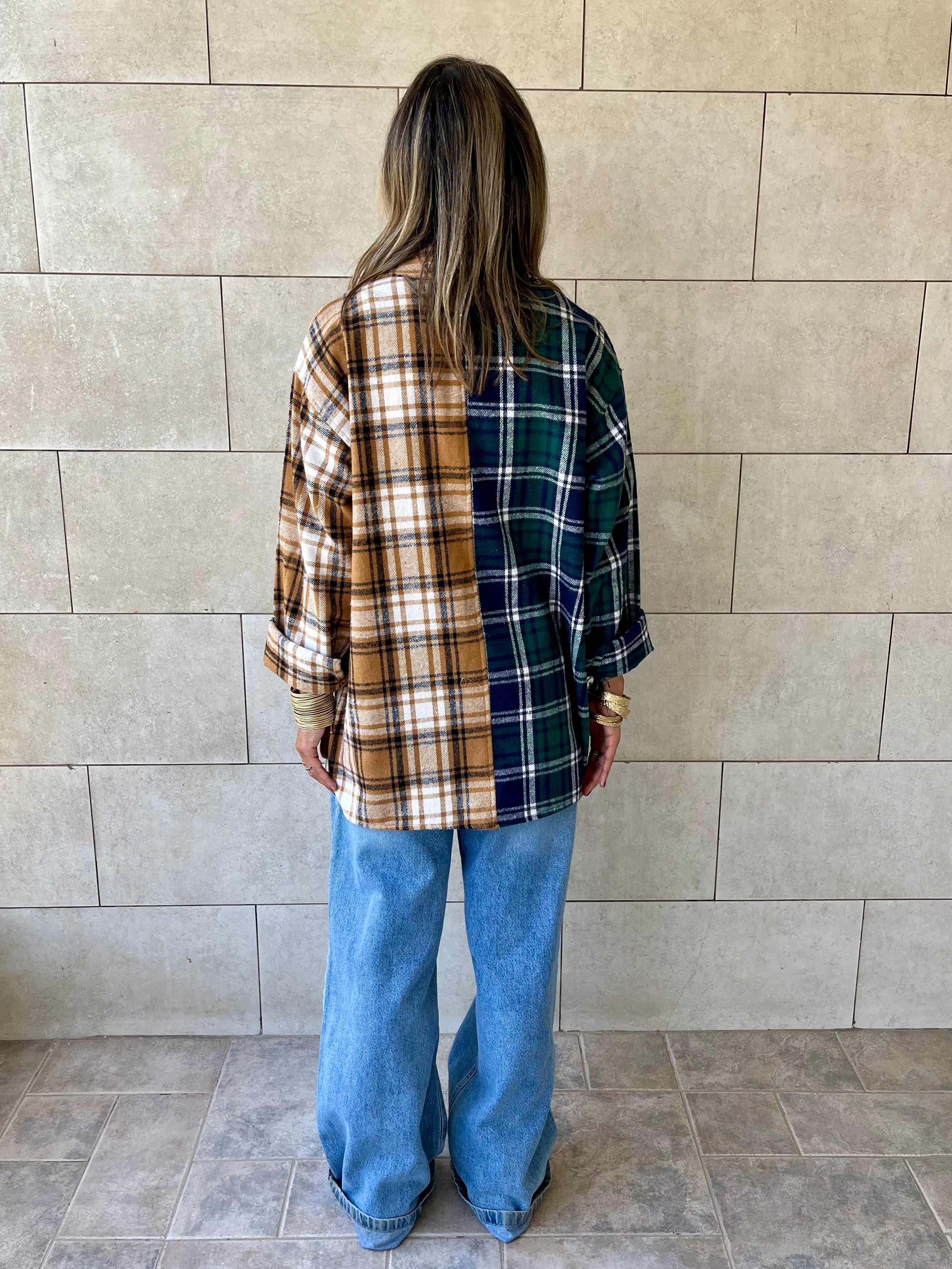 Teal & Camel Half And Half Plaid Shirt