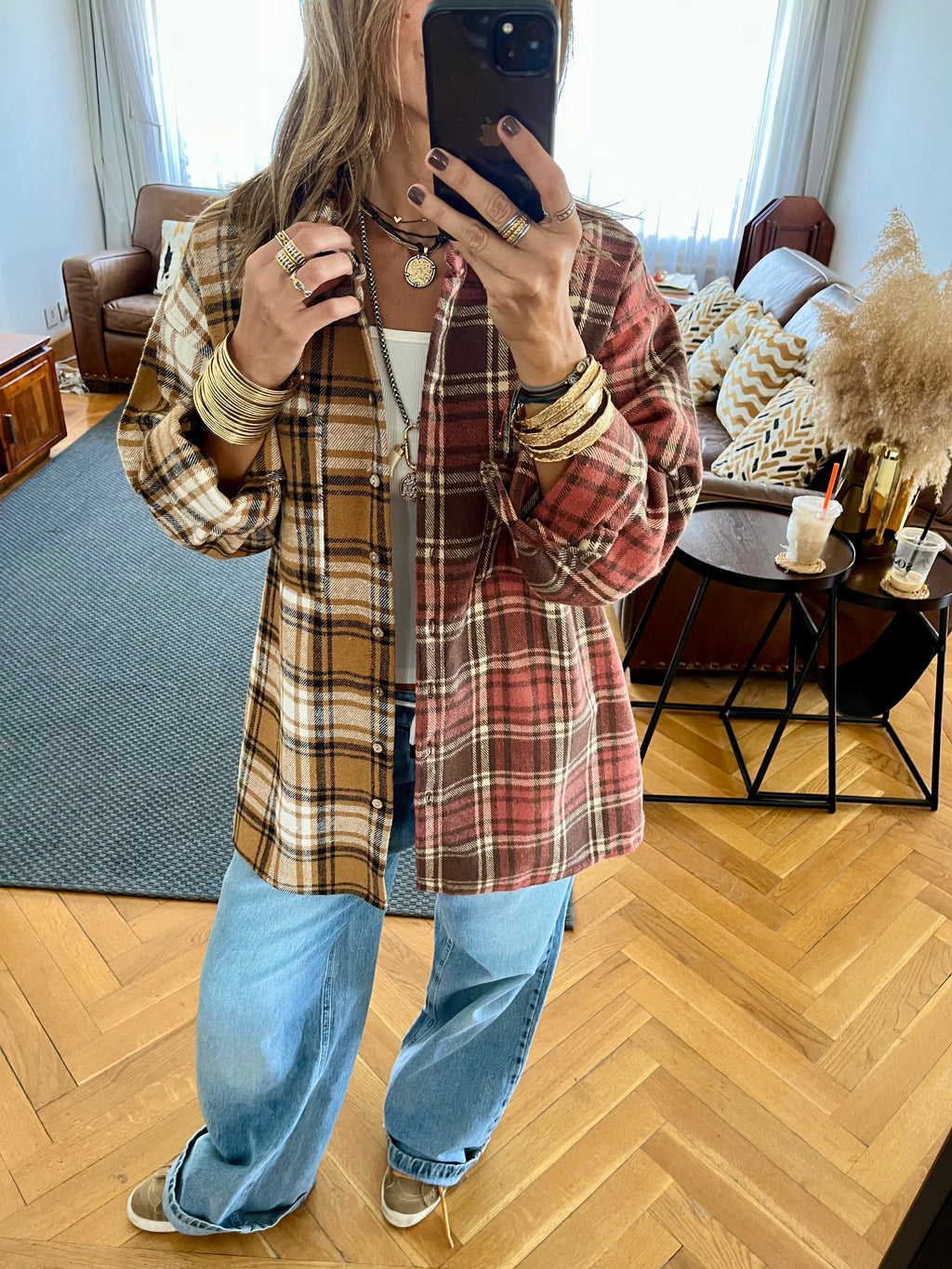 Burgundy & Camel Half And Half Plaid Shirt