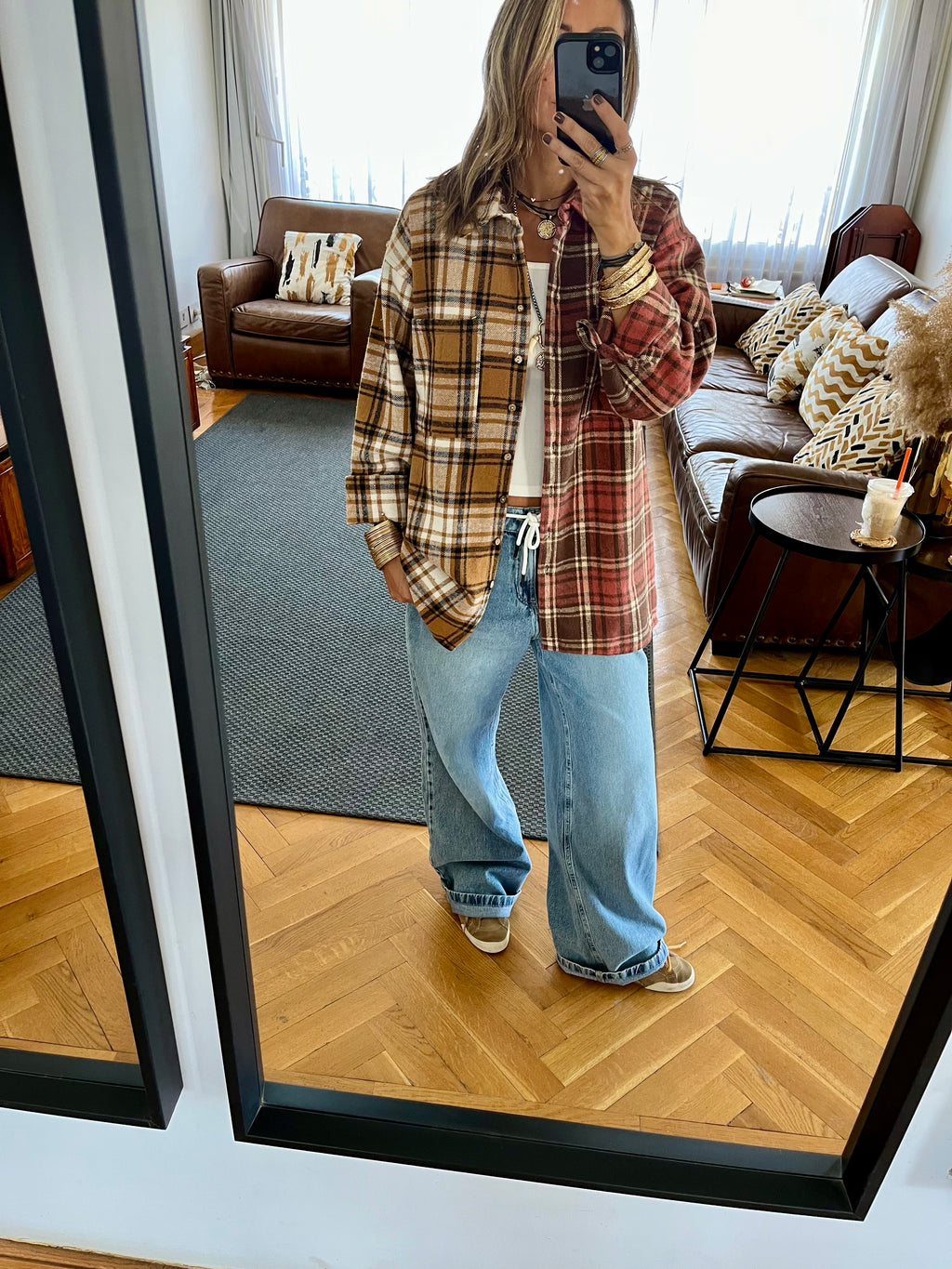 Burgundy & Camel Half And Half Plaid Shirt