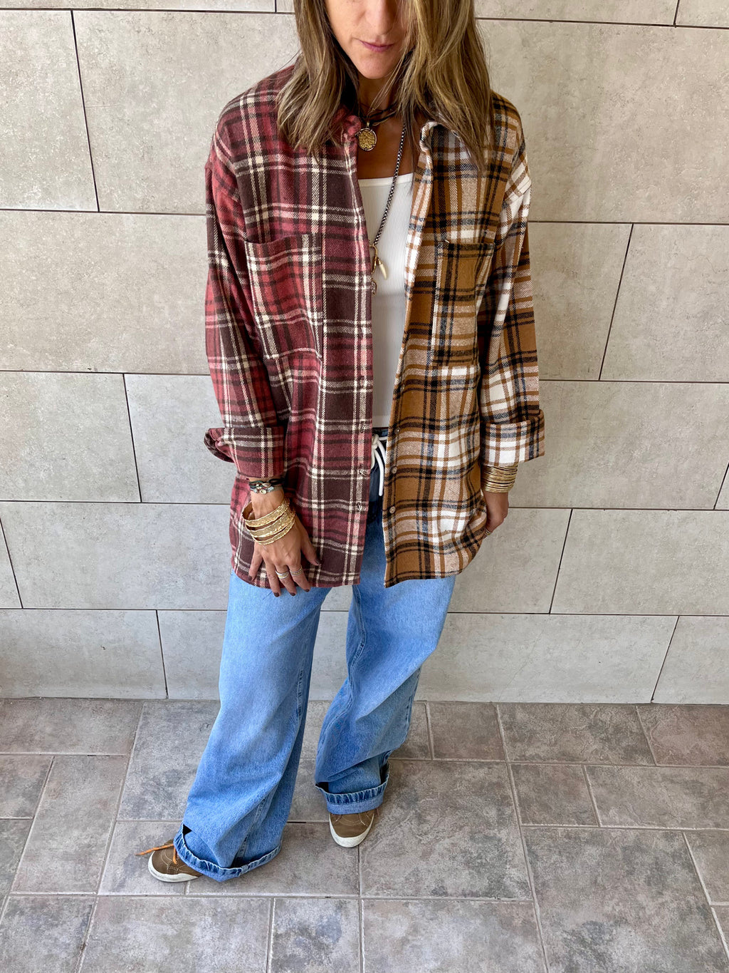 Burgundy & Camel Half And Half Plaid Shirt