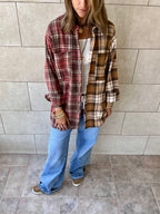 Burgundy & Camel Half And Half Plaid Shirt