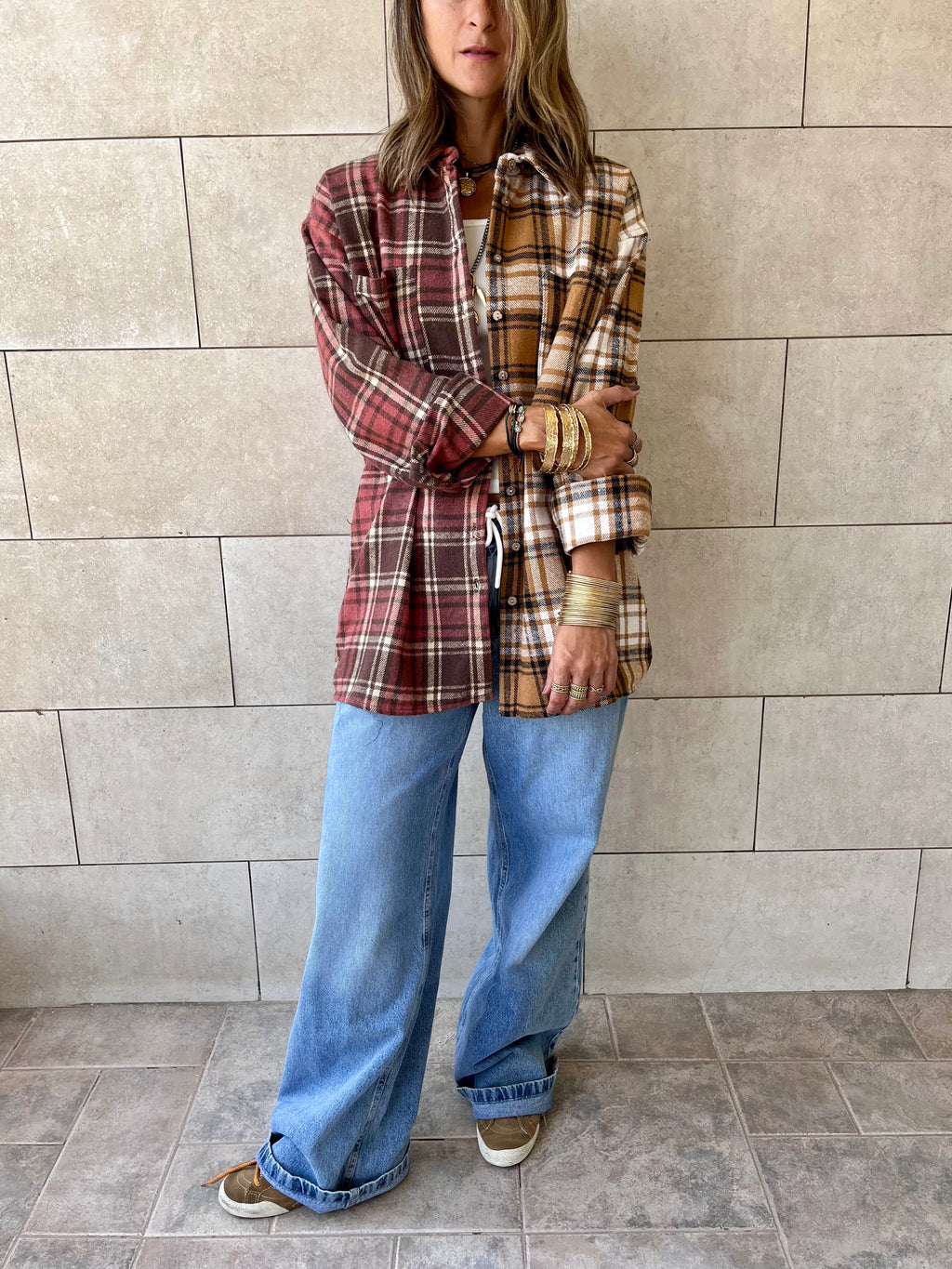 Burgundy & Camel Half And Half Plaid Shirt