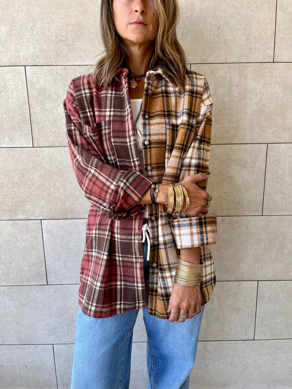 Burgundy & Camel Half And Half Plaid Shirt