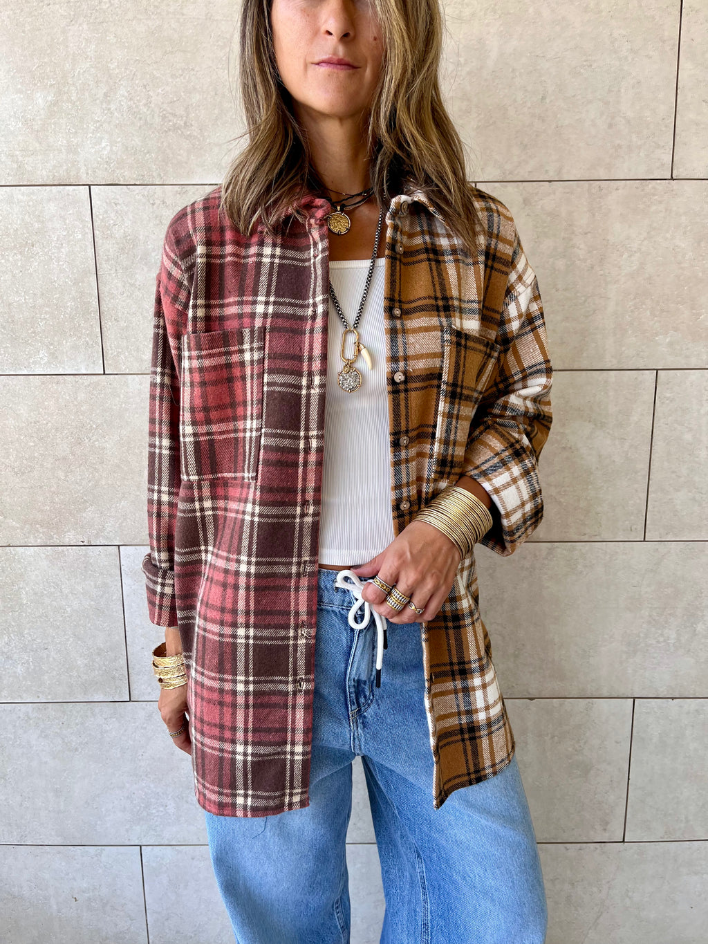 Burgundy & Camel Half And Half Plaid Shirt