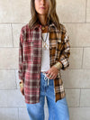 Burgundy & Camel Half And Half Plaid Shirt