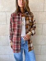 Burgundy & Camel Half And Half Plaid Shirt